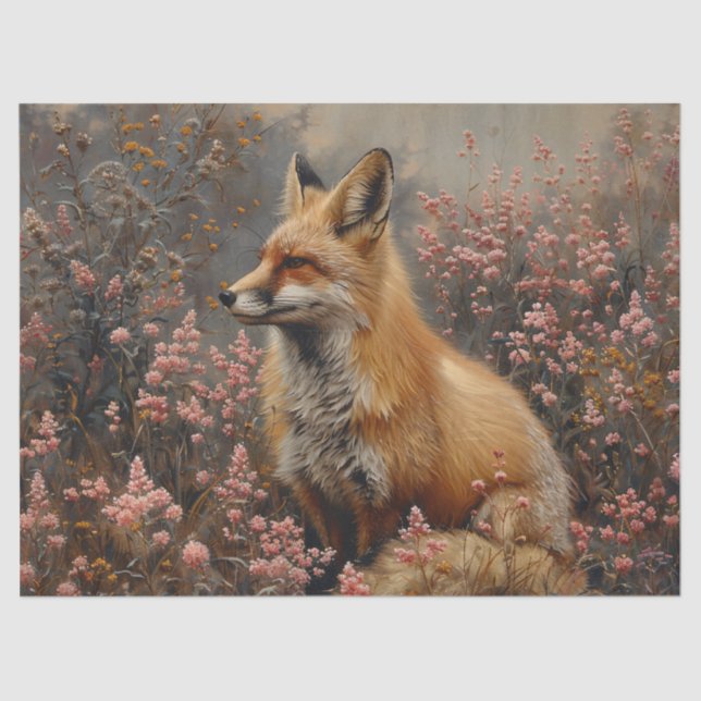 Red Fox with Pink Wildflowers Decoupage Tissue Paper (Front)