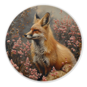 Red Fox with Pink Wildflowers Painting Ceramic Knob