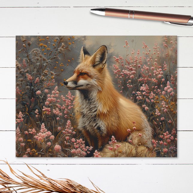 Red Fox with Pink Wildflowers Painting Postcard (Creator Uploaded)