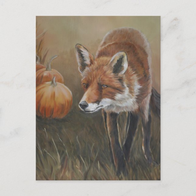 Red Fox with Pumpkins Art Postcard (Front)