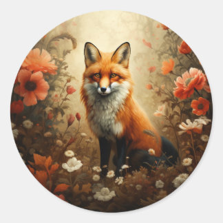 Red fox with wild flowers. classic round sticker