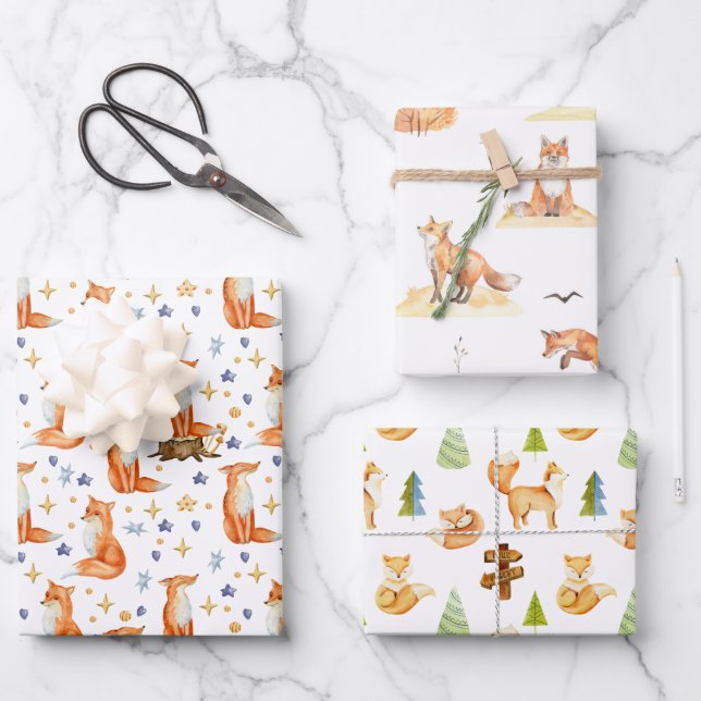Red Fox Woodland Wildlife Pattern Wrapping Paper Sheet (Front)