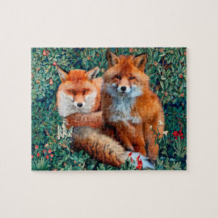 RED FOXES AMONG GREENERY, FOLIAGE AND FLOWERS JIGSAW PUZZLE