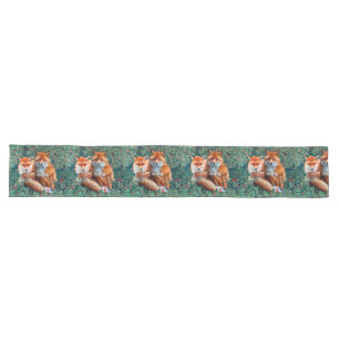 RED FOXES AMONG GREENERY, FOLIAGE AND FLOWERS LONG TABLE RUNNER