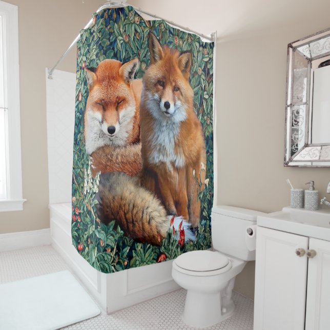 RED FOXES AMONG GREENERY, FOLIAGE AND FLOWERS SHOWER CURTAIN (In Situ)
