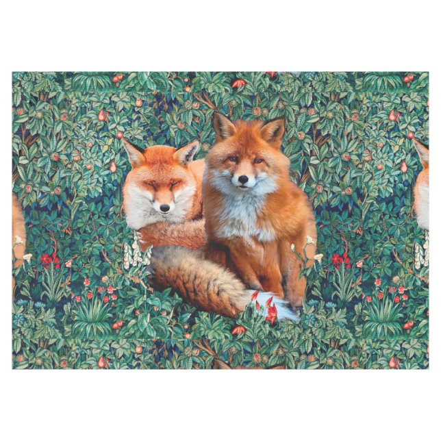 RED FOXES AMONG GREENERY, FOLIAGE AND FLOWERS TABLECLOTH (Front (Horizontal))
