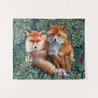 RED FOXES AMONG GREENERY, FOLIAGE AND FLOWERS TAPESTRY