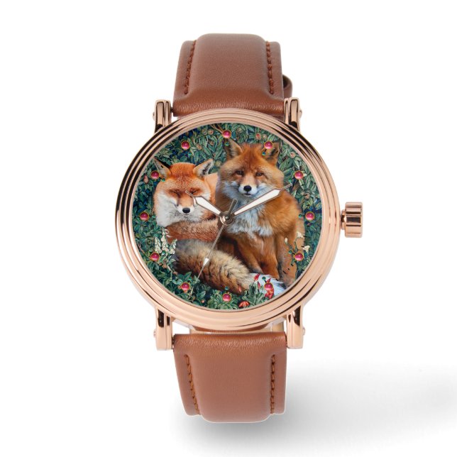 RED FOXES AMONG GREENERY, FOLIAGE AND FLOWERS WATCH (Front)