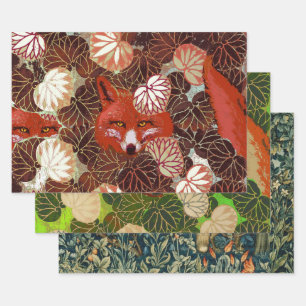 RED FOXES AMONG WHITE GREEN LEAVES AND FOLIAGE WRAPPING PAPER SHEET