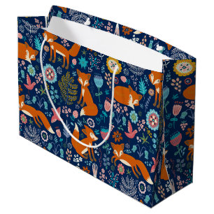 Red foxes and flowers pattern large gift bag
