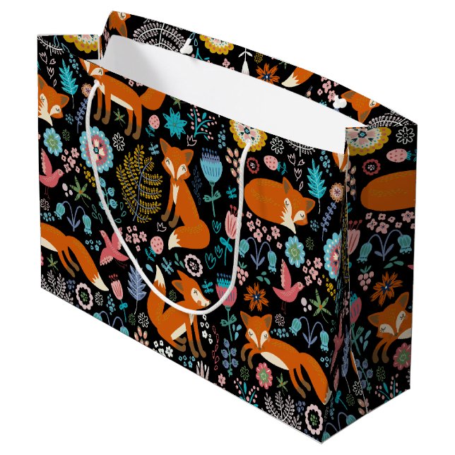 Red foxes and flowers pattern large gift bag (Back Angled)