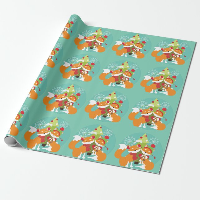 Red Foxes and Holiday Tree Wrapping Paper (Unrolled)