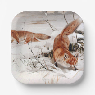 Red Foxes in Snow at Winter (by Wilhelm Kuhnert) Paper Plate