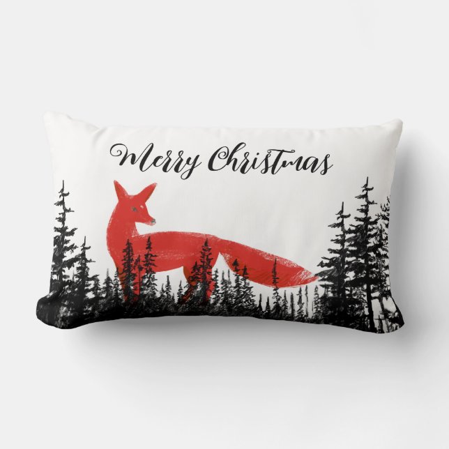 Red Foxes In The Forest Pines Merry Christmas Lumbar Cushion (Front)