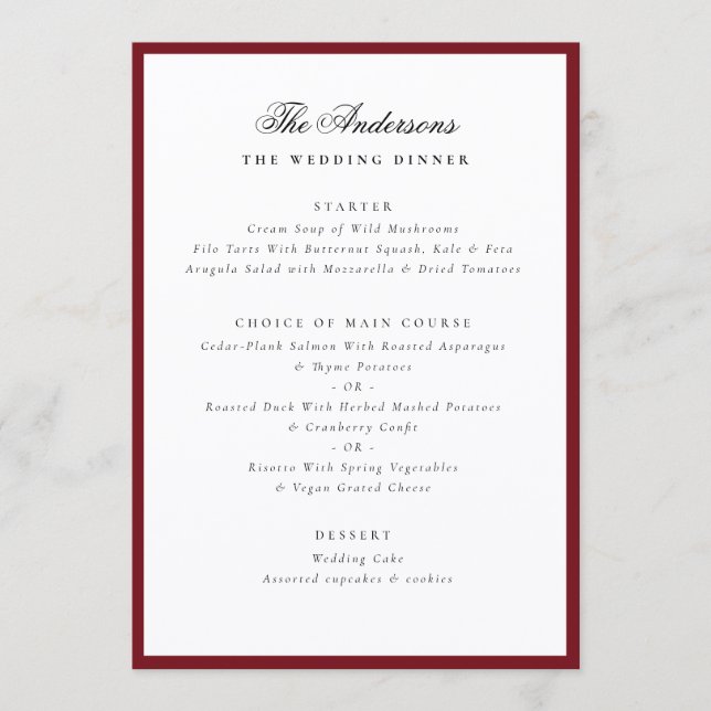 Red Frame Calligraphy Name Custom Wedding Dinner Menu (Front)