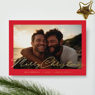 Red Frame Handwritten Gold Merry Christmas Photo