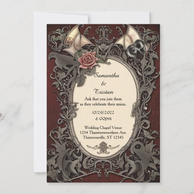 Red Framed Batwing Roses Goth Wedding Invitation (Front)