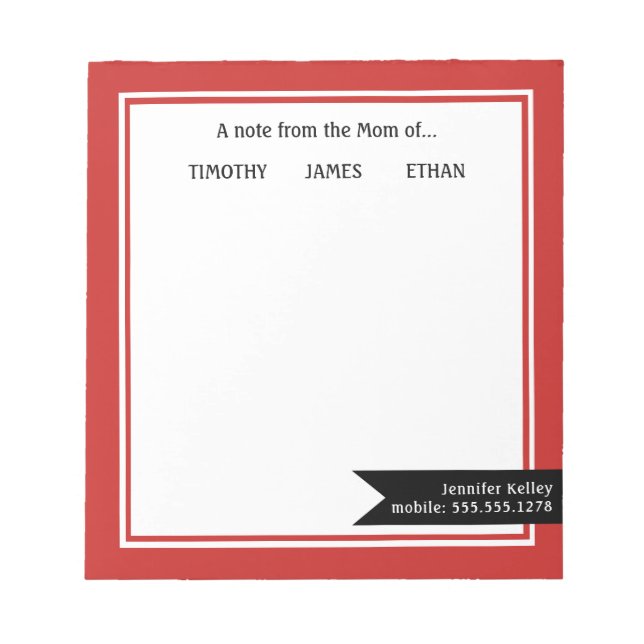Red Framed "From the Mum of", Personalised Notepad (Front)