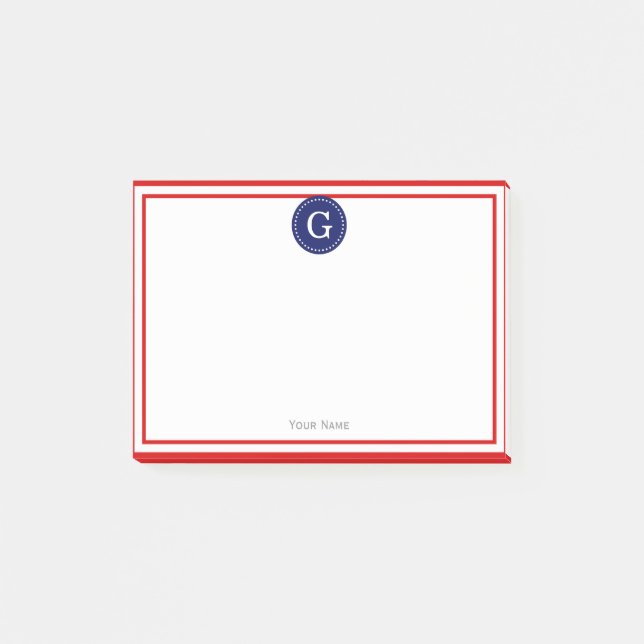 Red Framed Round Navy 1I Monogram Post-it Notes (Front)