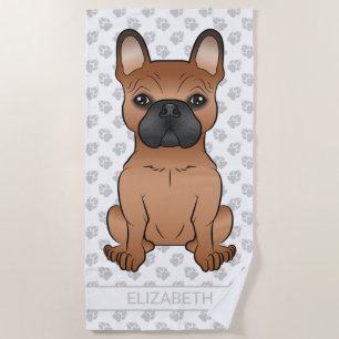 Red French Bulldog / Frenchie Cartoon Dog & Name Beach Towel