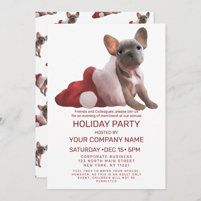Red French Bulldog Santa Hat Corporate Holiday Invitation (Front/Back)