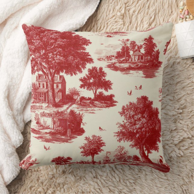 Red French Toile Countryside Pastoral Pattern Cushion (Blanket)