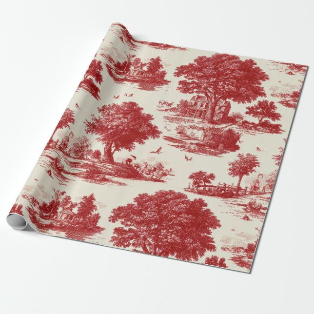Red French Toile Countryside Pastoral Pattern Wrapping Paper (Unrolled)