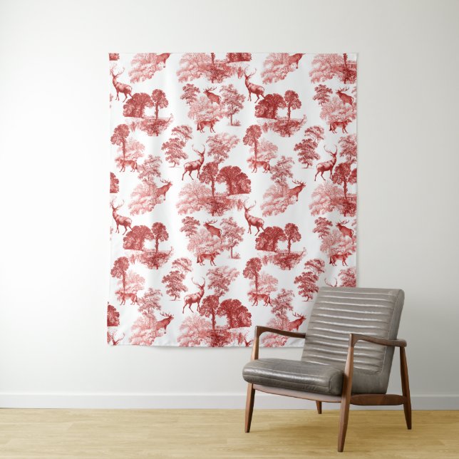 Red French Toile Deer Fox Forest Pattern Tapestry (In Situ)