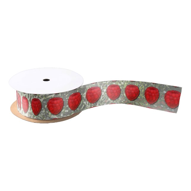 Red Fresh Raspberry With Morning Dew Drops Drawing Satin Ribbon (Spool)
