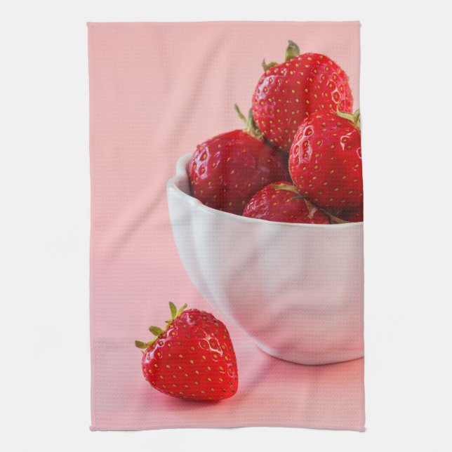 Red Fresh Strawberries In A White Bowl On Pink Tea Towel (Vertical)