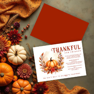 Red Friendsgiving Botanical Autumn Wreath Pumpkins Invitation