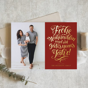 Red Frohe Weihnachten Calligraphy Photo Foil Holiday Card