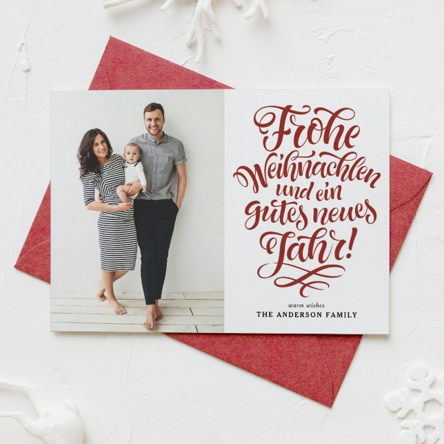 Red Frohe Weihnachten Calligraphy Photo Holiday Card (Creator Uploaded)