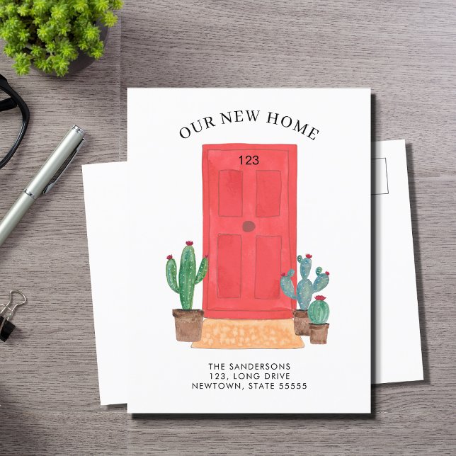 Red Front Door Watercolor Cacti Moving Announcement Postcard (Creator Uploaded)
