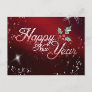 Red Frost Holly Happy New Year Holiday Postcard