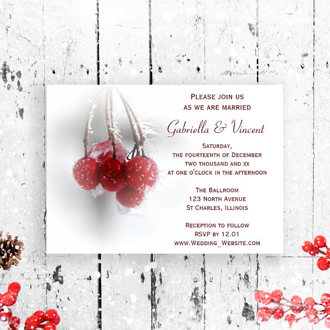 Red Frosty Berries Winter Wedding Invitation (Set a wintery tone for your marriage with the festive Icy Red Berries Winter Wedding Invitation.)