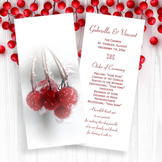 Red Frosty Berries Winter Wedding Program Programme (Creator Uploaded)