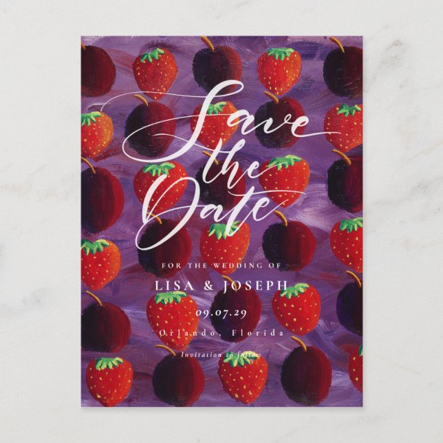 Red Fruit Country Script Save the Date Postcard (Front)