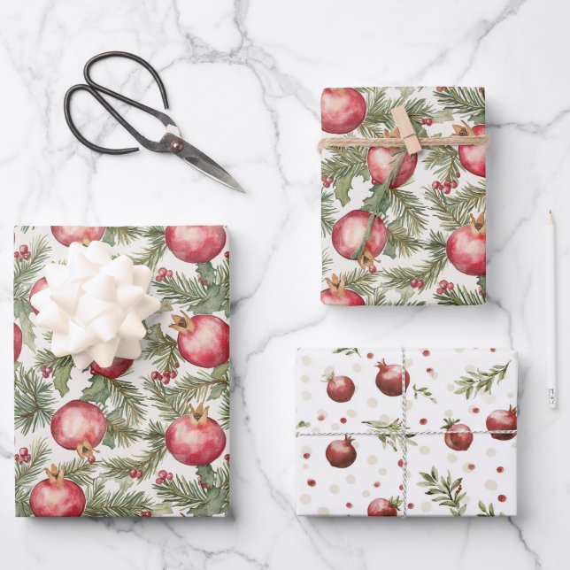 Red Fruit Pomegranate Christmas Wrapping Paper Sheet (Front)