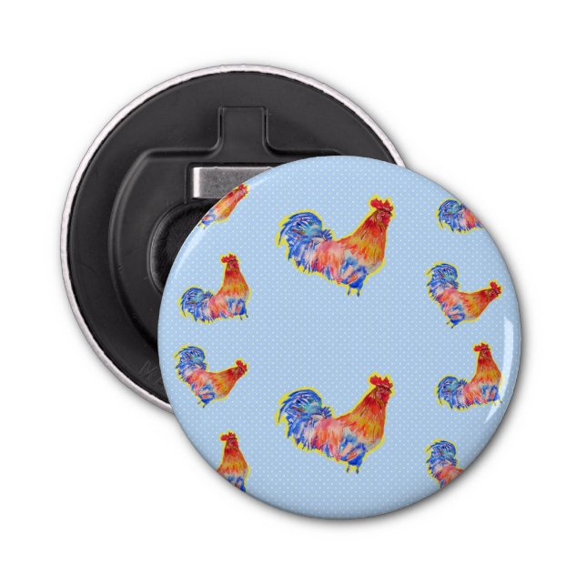 Red Funny Rooster Cockerel Blue and White Spots Bottle Opener (Front)
