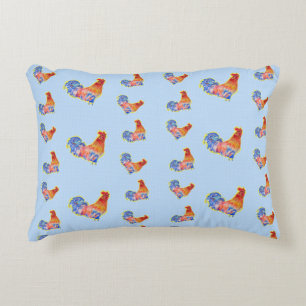 Red Funny Rooster Cockerel Blue and White Spots Fl Decorative Cushion