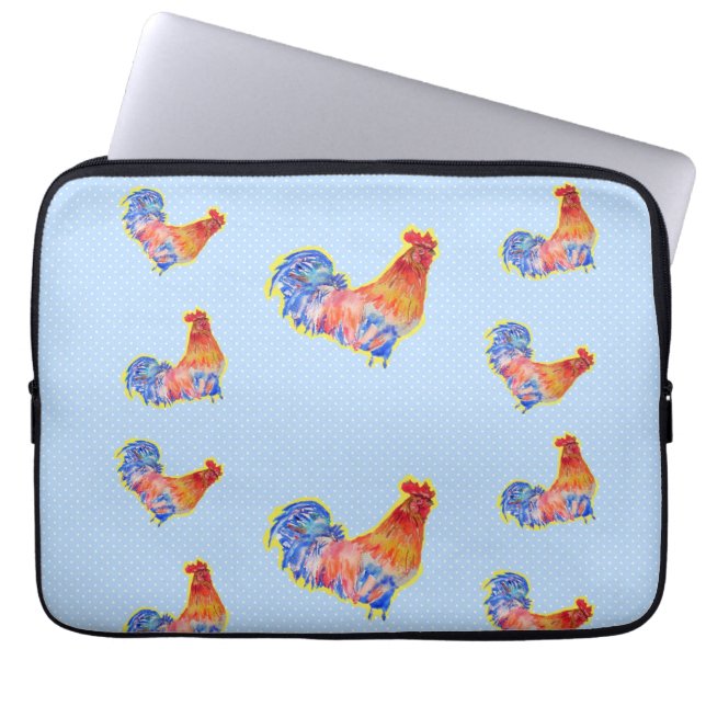 Red Funny Rooster Cockerel Blue and White Spots Laptop Sleeve (Front)