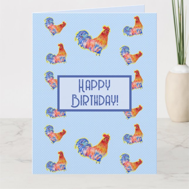 Red Funny Rooster Cockerel Blue Birthday Card (Front)