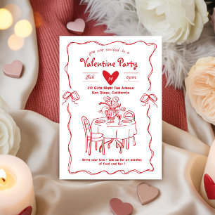 Red Galentine’s Party, Valentine Party doodle Invitation