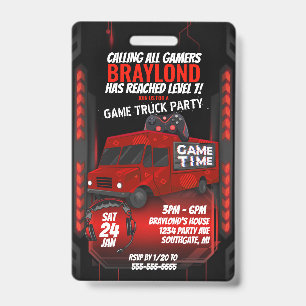 Red Game Truck Birthday Party VIP Invitation ID Badge
