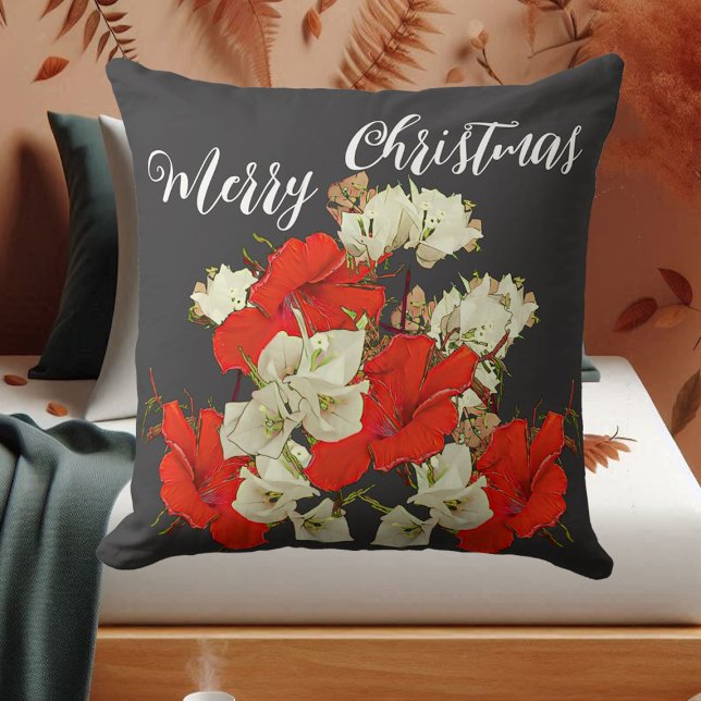Red Garden Hibiscus Merry Christmas Floral Blooms  Cushion (Red Garden Hibiscus Merry Christmas Floral Blooms Throw Pillow)