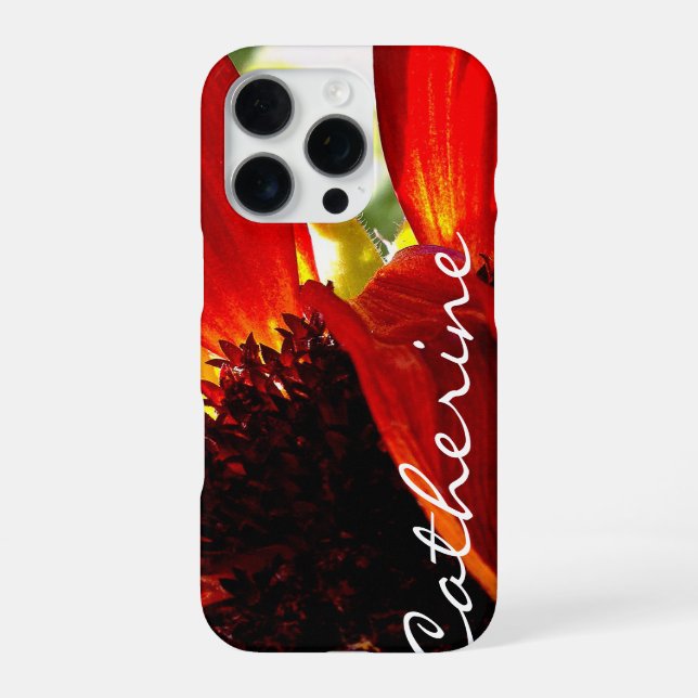 Red gebera daisy flower photo custom name script iPhone case (Back)