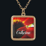 Red gebera daisy photo custom name script modern gold plated necklace<br><div class="desc">A close-up photo of a vibrant red-orange and yellow daisy will remind you of a warm, summer's day. Relax and experience the joy of this photograph whenever you wear this stunning, beautiful photography personalised name charm necklace. This necklace comes in small, medium and large sizes, as well as both square...</div>