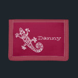 Red gecko white stylised named wallet<br><div class="desc">Encourage saving with this reptile gecko stylised wallet or purse,  personalise with your name. Currently reads Danny. Uniquely drawn and designed by Sarah Trett.</div>