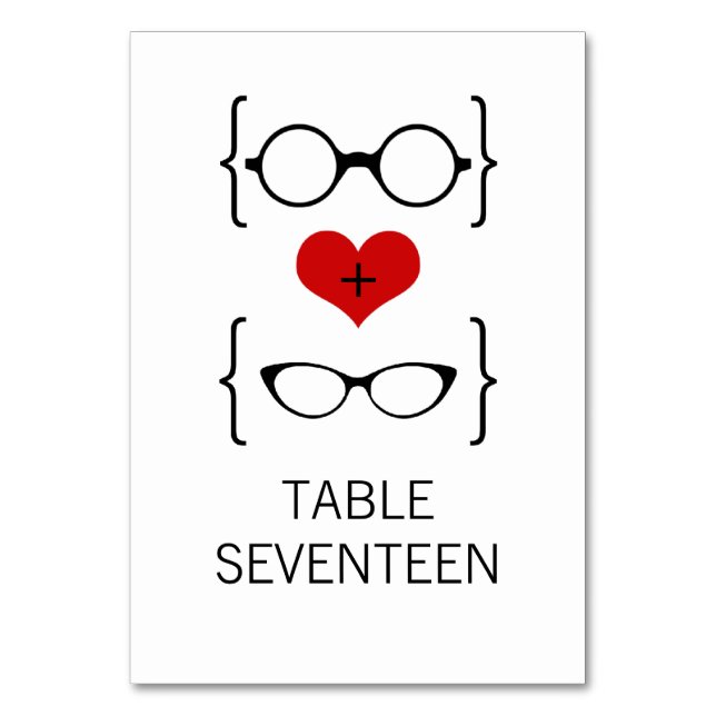 Red Geeky Glasses Wedding Table Card (Front)